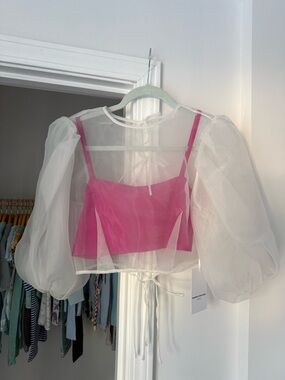Amanda Uprichard White Sheer Puff-Sleeve Top with Hot Pink Camisole